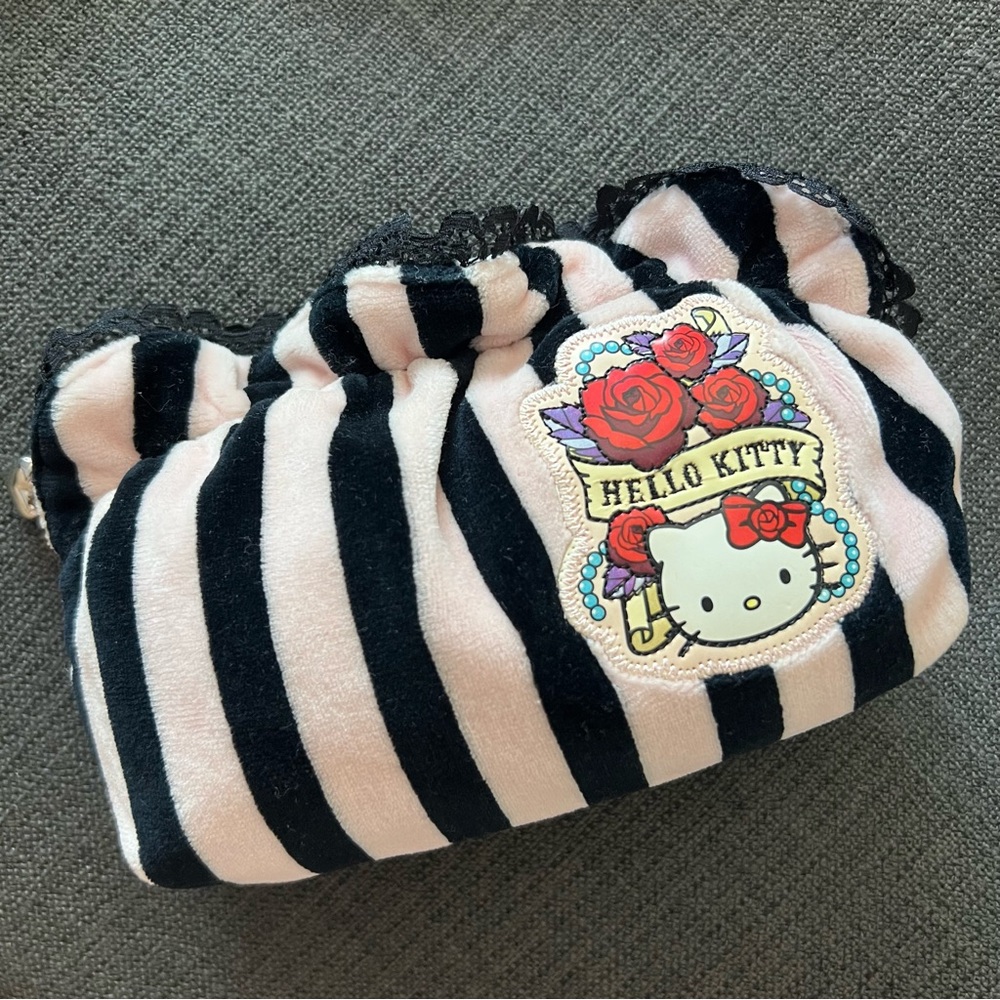 NEW Hello Kitty black pink stripe velvet lace punk makeup cosmetic bag - Sanrio